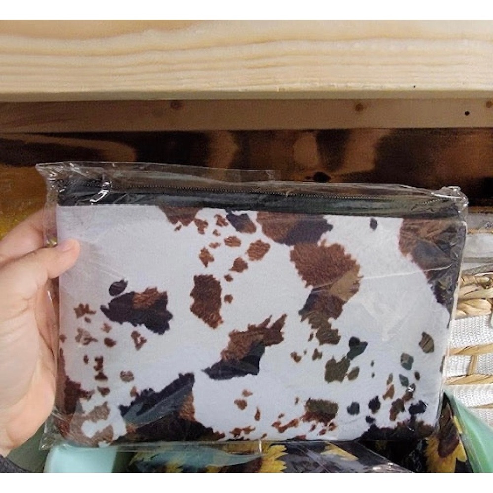 Makeup Bag Women Small Brown White Cow Print Faux Cowhide Western Pouch - Picture 8 of 8
